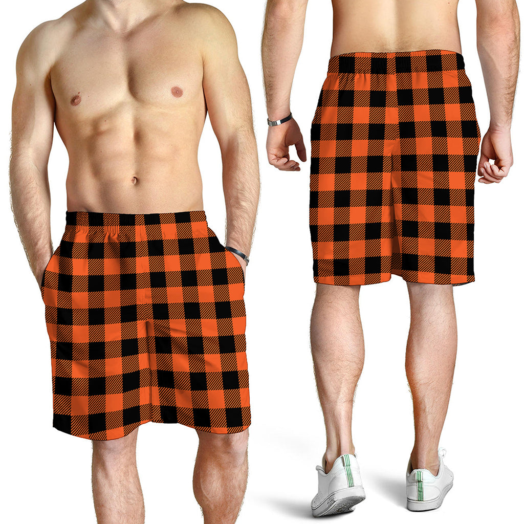 Pumpkin Orange Buffalo Check Print Men's Shorts