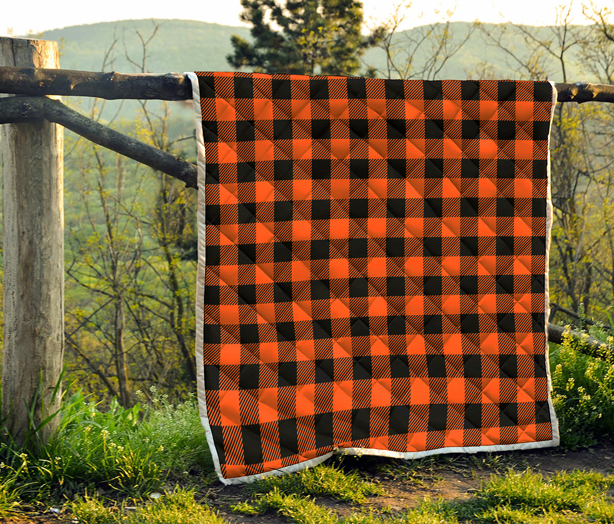 Pumpkin Orange Buffalo Check Print Quilt