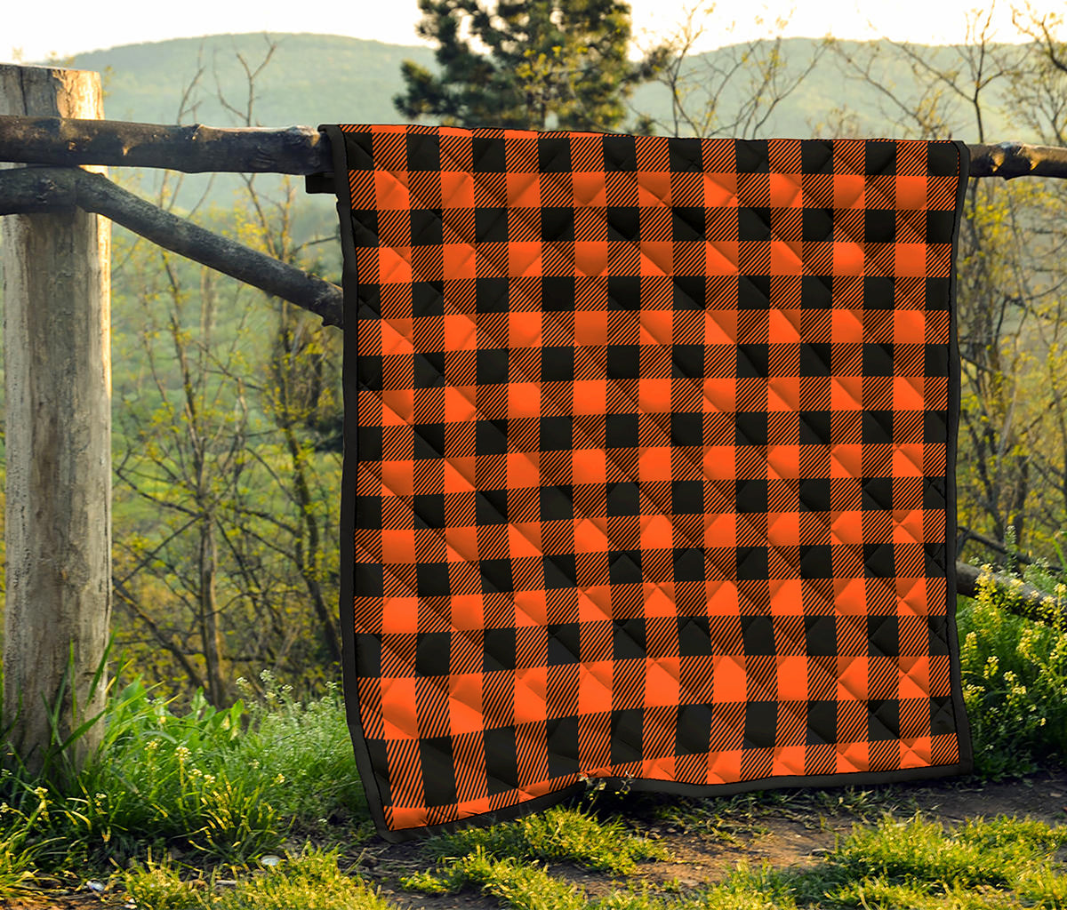 Pumpkin Orange Buffalo Check Print Quilt