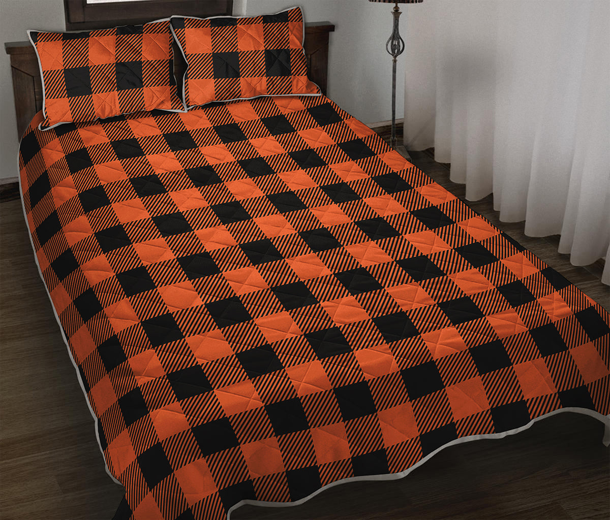 Pumpkin Orange Buffalo Check Print Quilt Bed Set