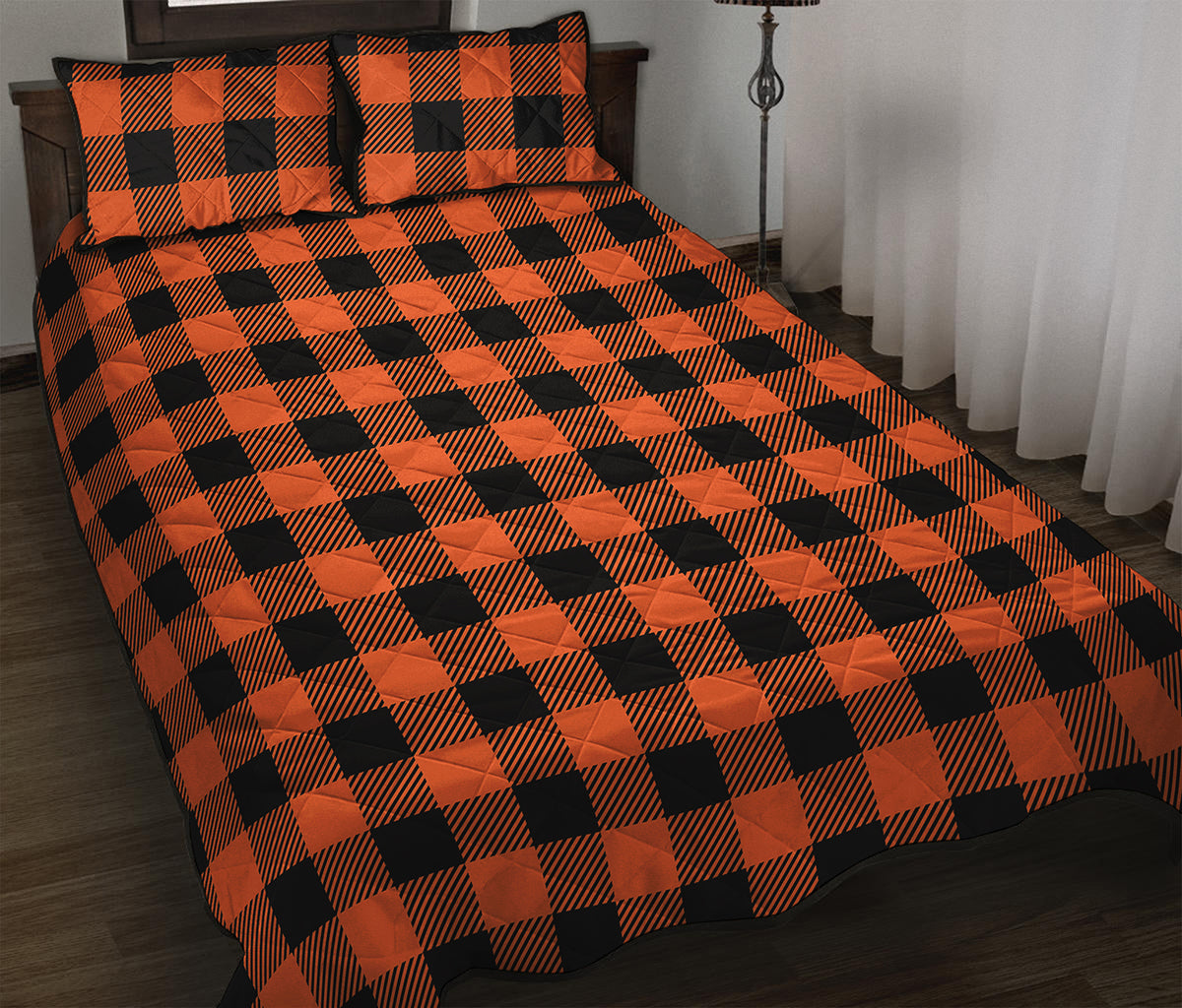 Pumpkin Orange Buffalo Check Print Quilt Bed Set