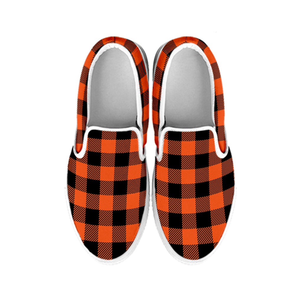 Pumpkin Orange Buffalo Check Print White Slip On Shoes