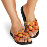 Pumpkin Print Black Slide Sandals