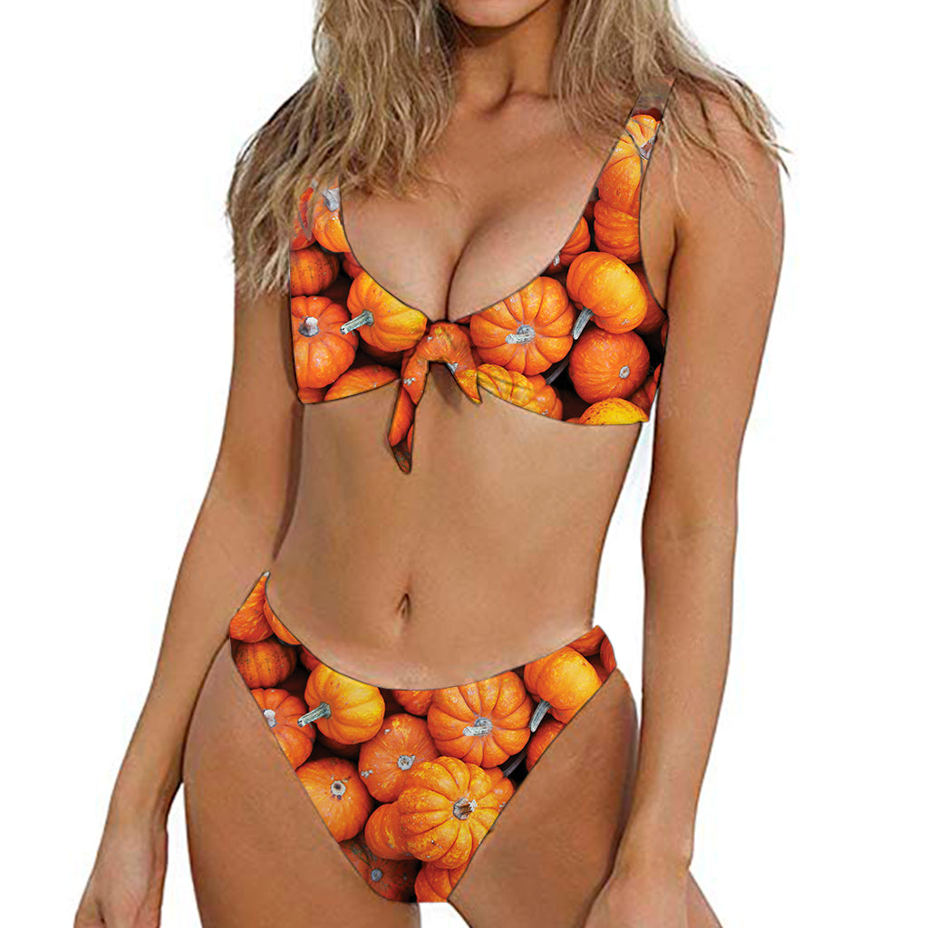 Pumpkin Print Front Bow Tie Bikini