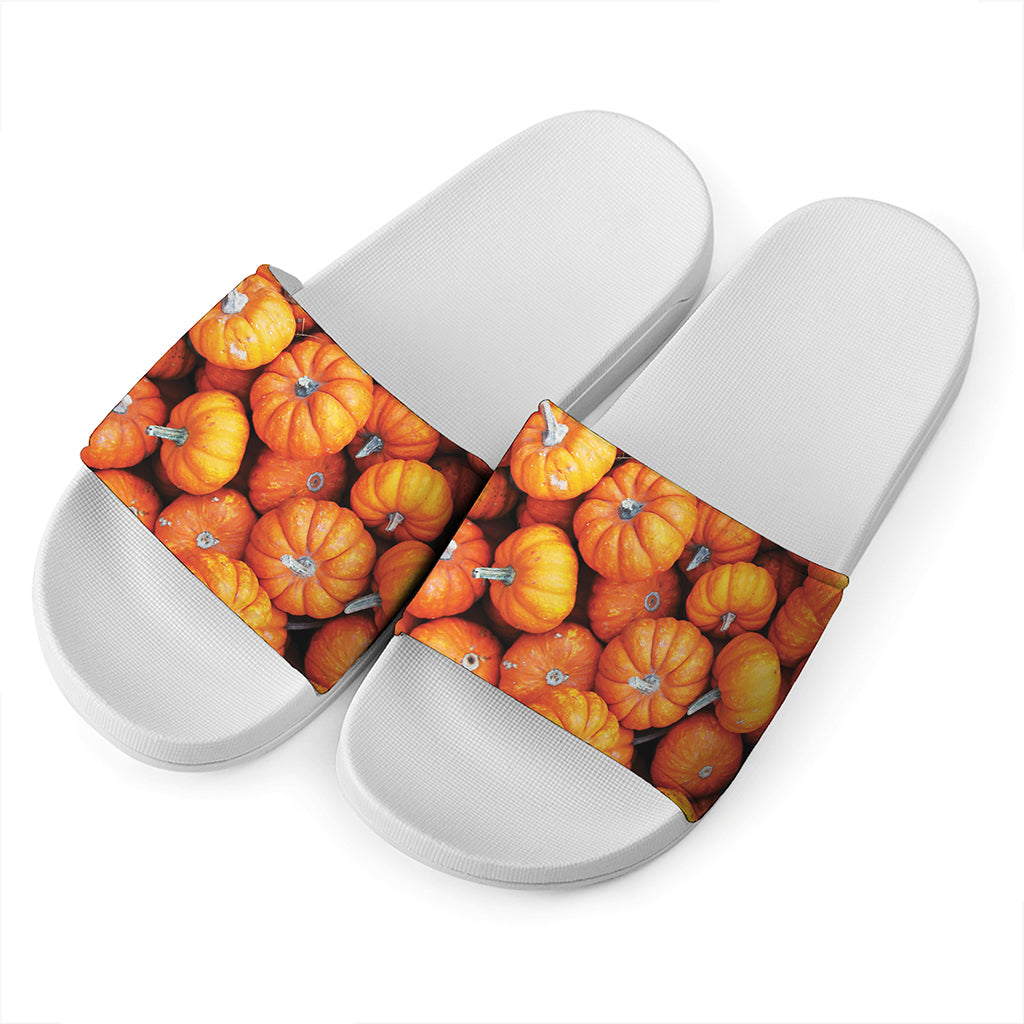 Pumpkin Print White Slide Sandals