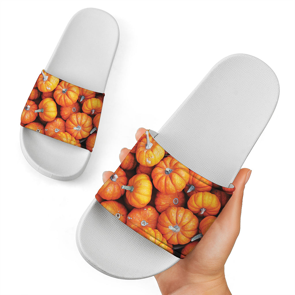 Pumpkin Print White Slide Sandals