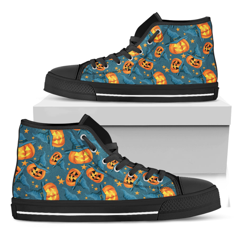 Pumpkin With Witch Hat Pattern Print Black High Top Shoes