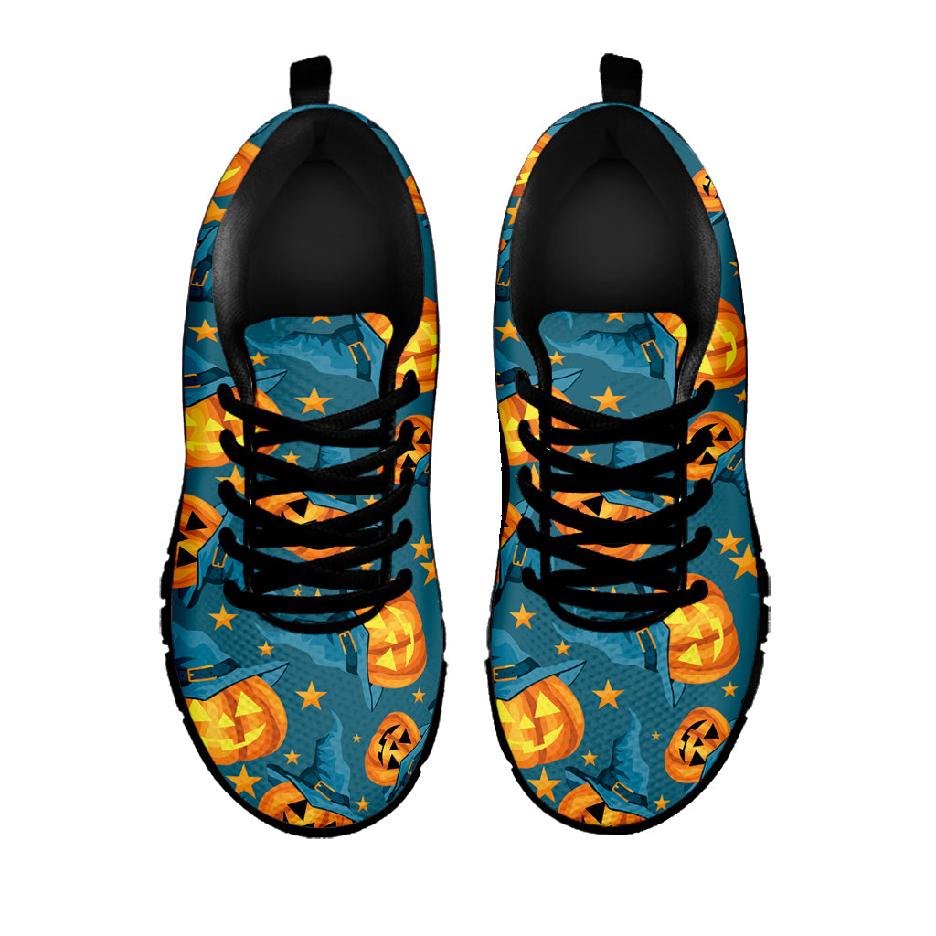 Pumpkin With Witch Hat Pattern Print Black Sneakers
