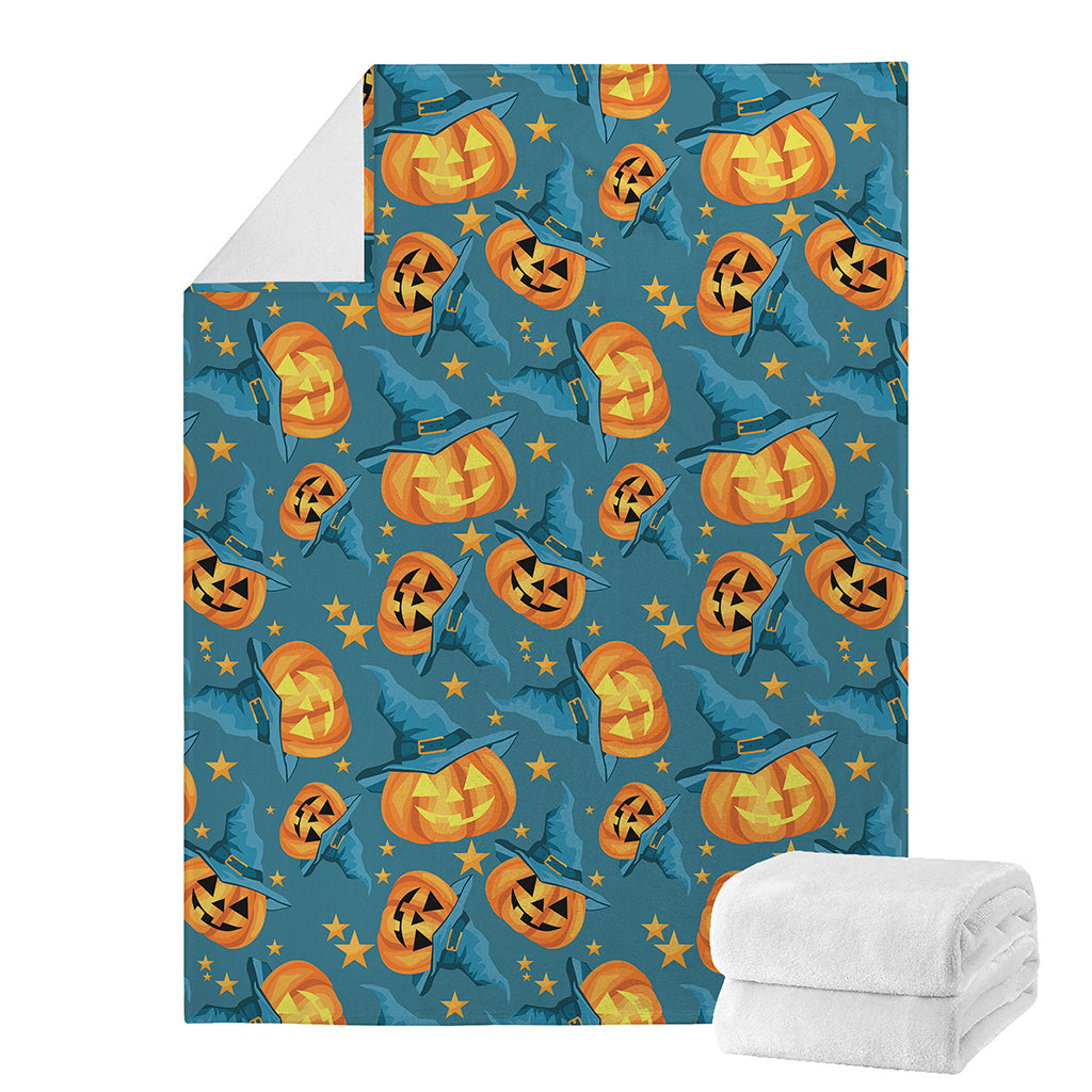 Pumpkin With Witch Hat Pattern Print Blanket