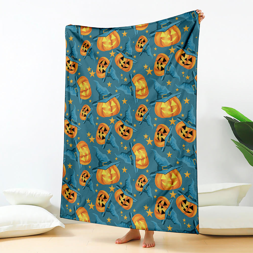 Pumpkin With Witch Hat Pattern Print Blanket