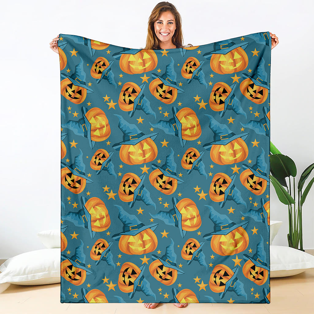 Pumpkin With Witch Hat Pattern Print Blanket