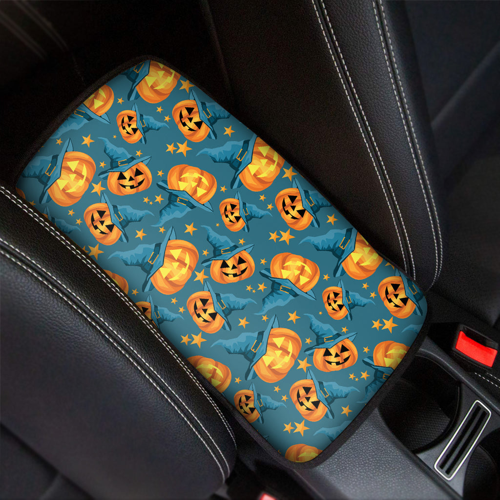 Pumpkin With Witch Hat Pattern Print Car Center Console Cover