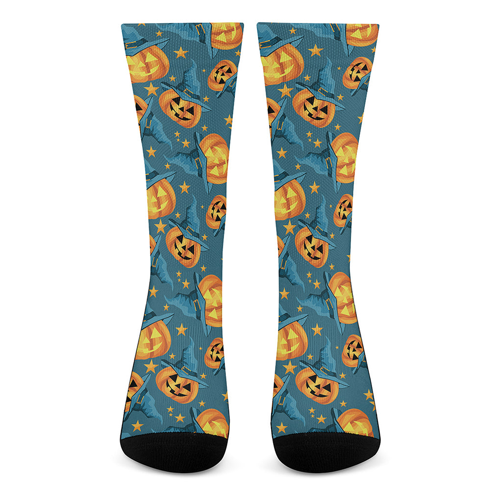 Pumpkin With Witch Hat Pattern Print Crew Socks
