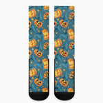 Pumpkin With Witch Hat Pattern Print Crew Socks
