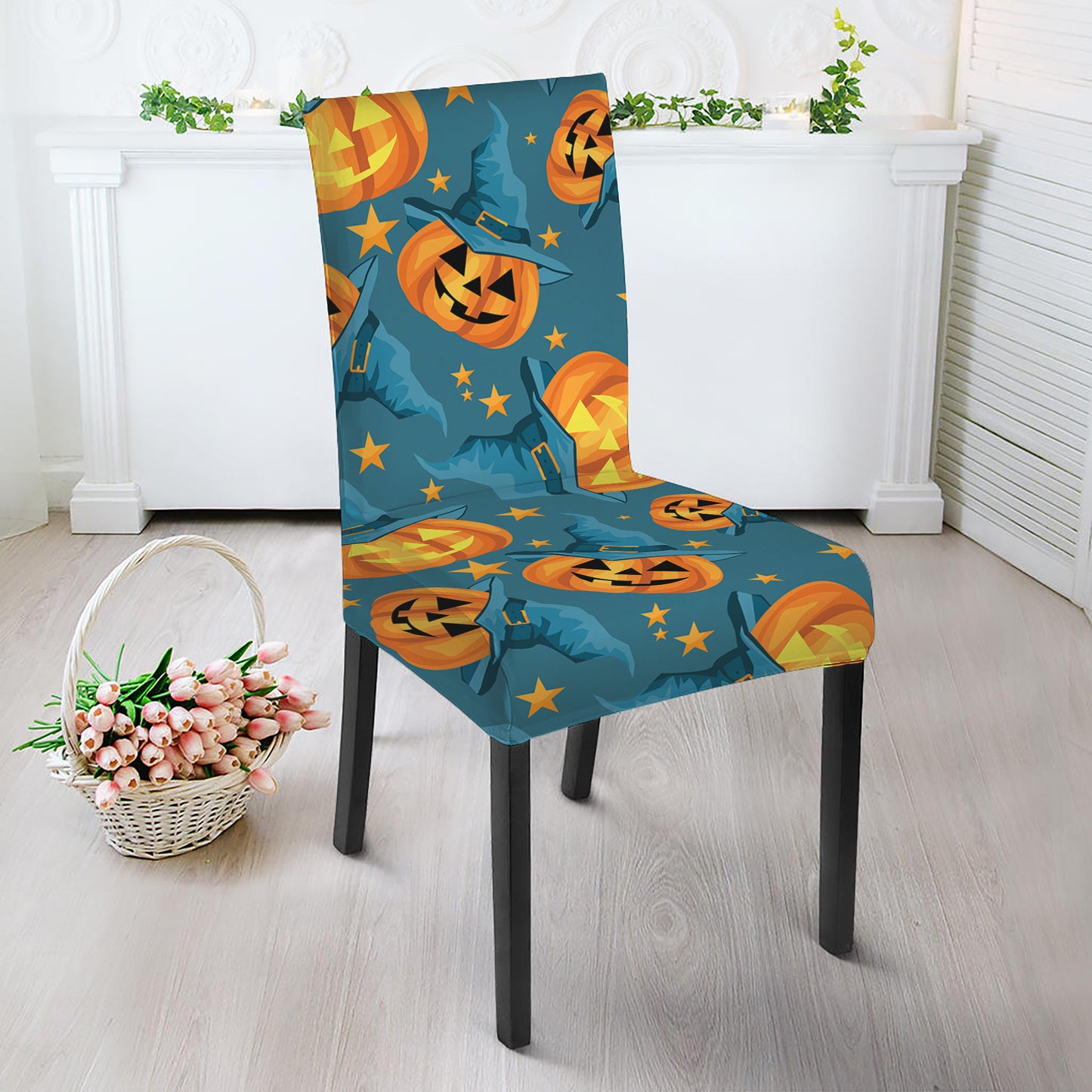 Pumpkin With Witch Hat Pattern Print Dining Chair Slipcover