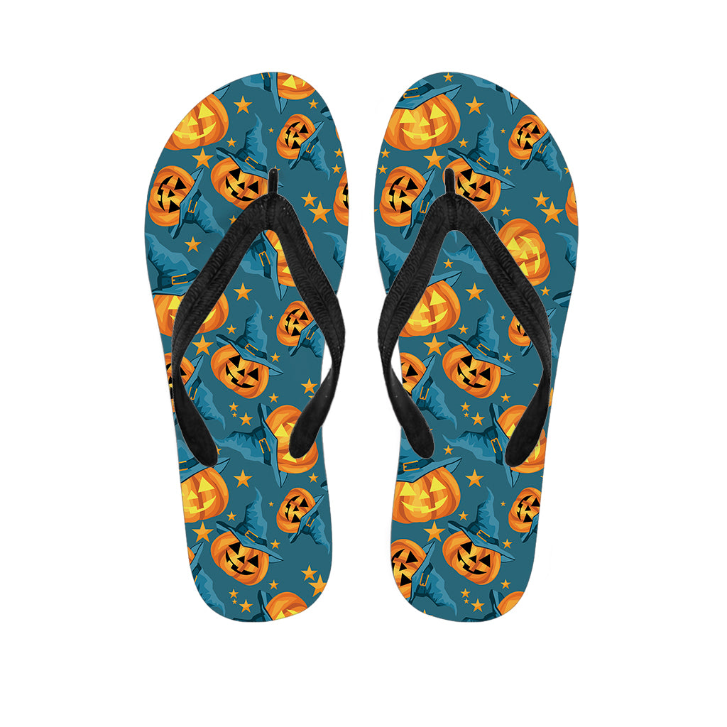 Pumpkin With Witch Hat Pattern Print Flip Flops