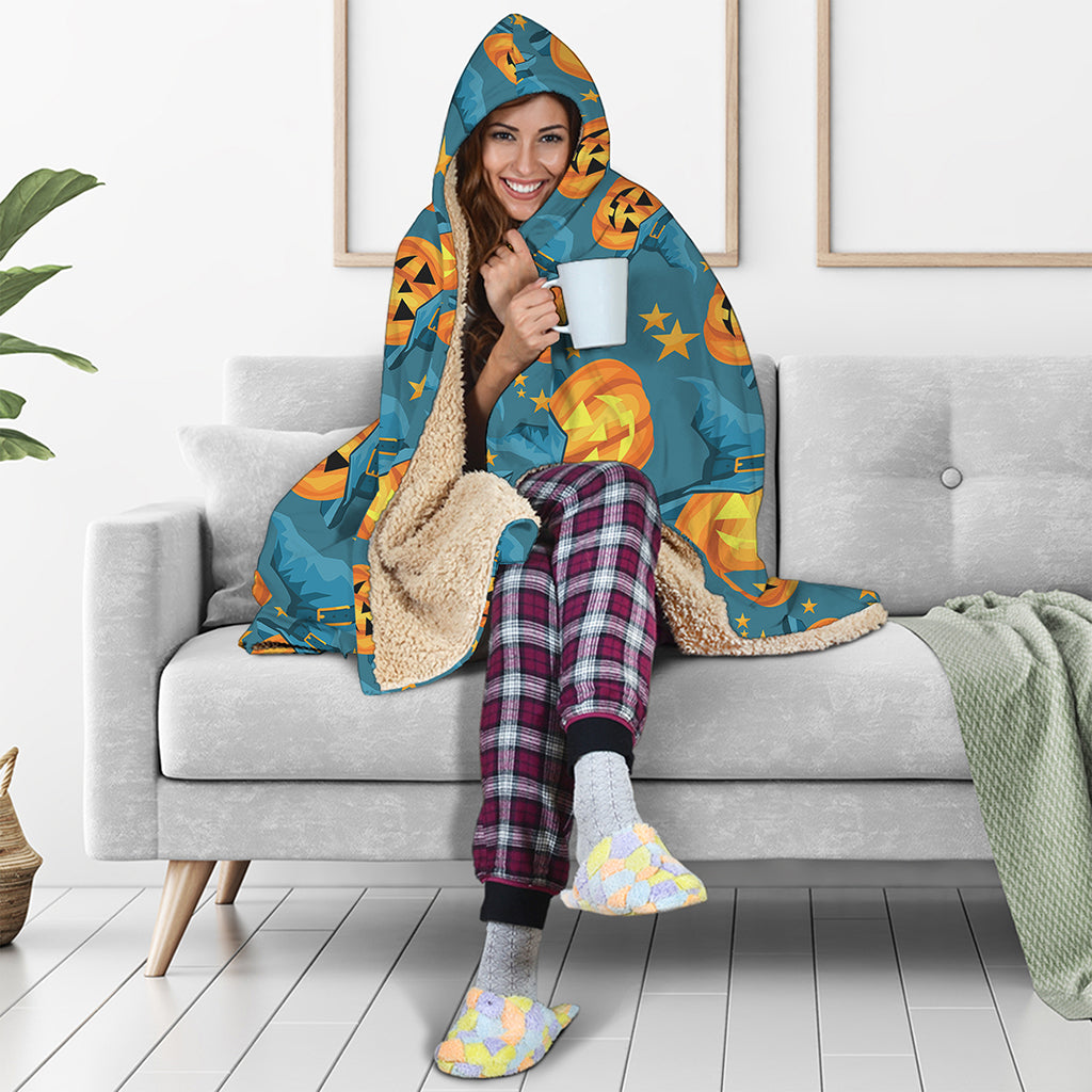 Pumpkin With Witch Hat Pattern Print Hooded Blanket
