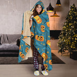 Pumpkin With Witch Hat Pattern Print Hooded Blanket