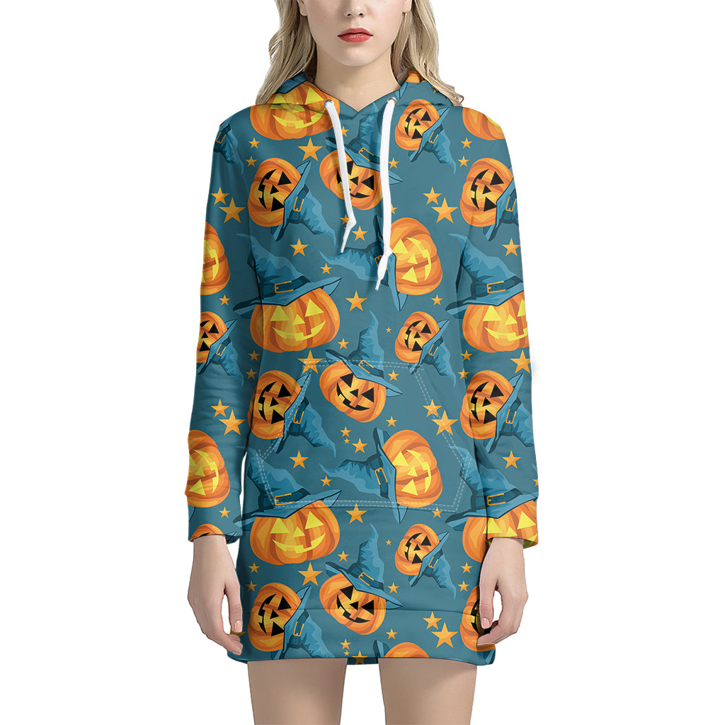 Pumpkin With Witch Hat Pattern Print Hoodie Dress