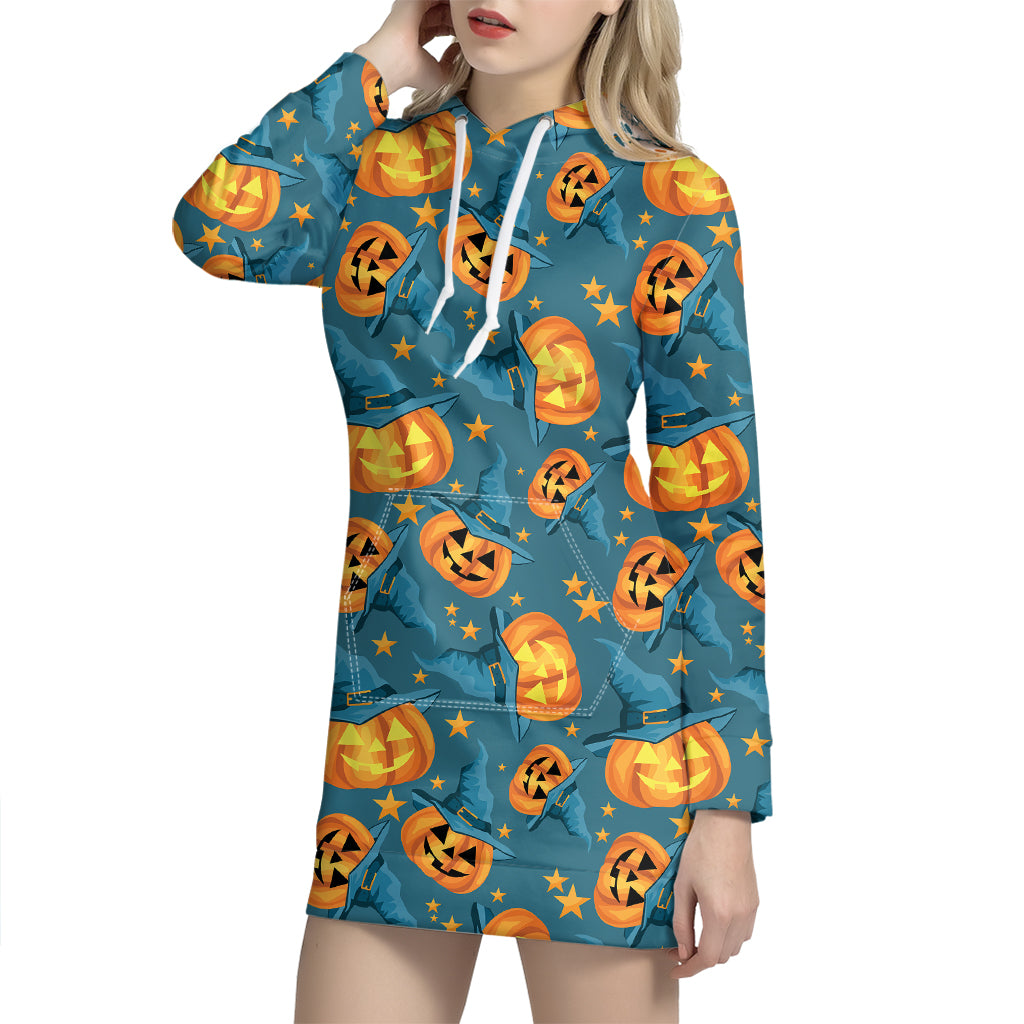 Pumpkin With Witch Hat Pattern Print Hoodie Dress