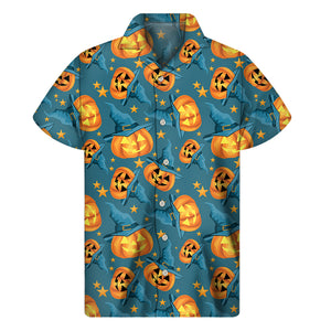 Pumpkin With Witch Hat Pattern Print Men's Short Sleeve Shirt