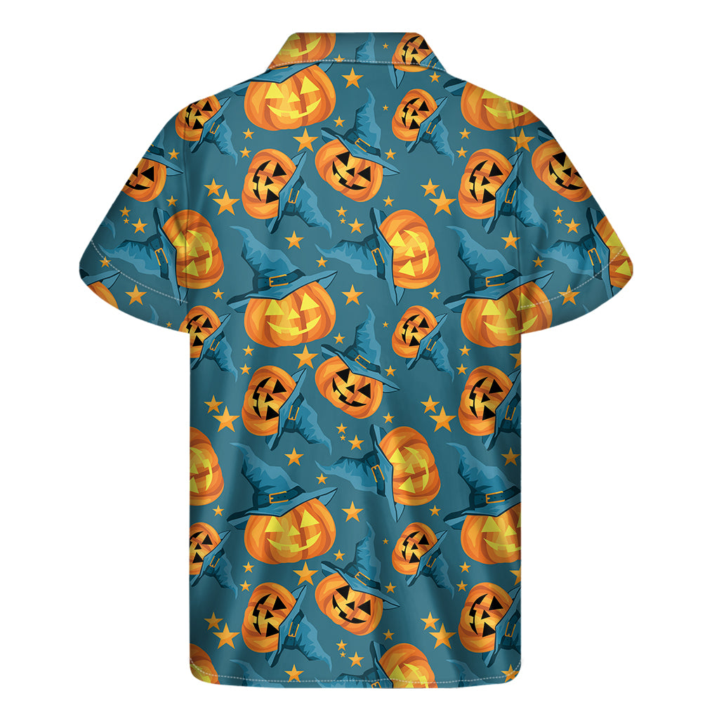 Pumpkin With Witch Hat Pattern Print Men's Short Sleeve Shirt