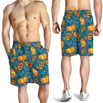 Pumpkin With Witch Hat Pattern Print Men's Shorts