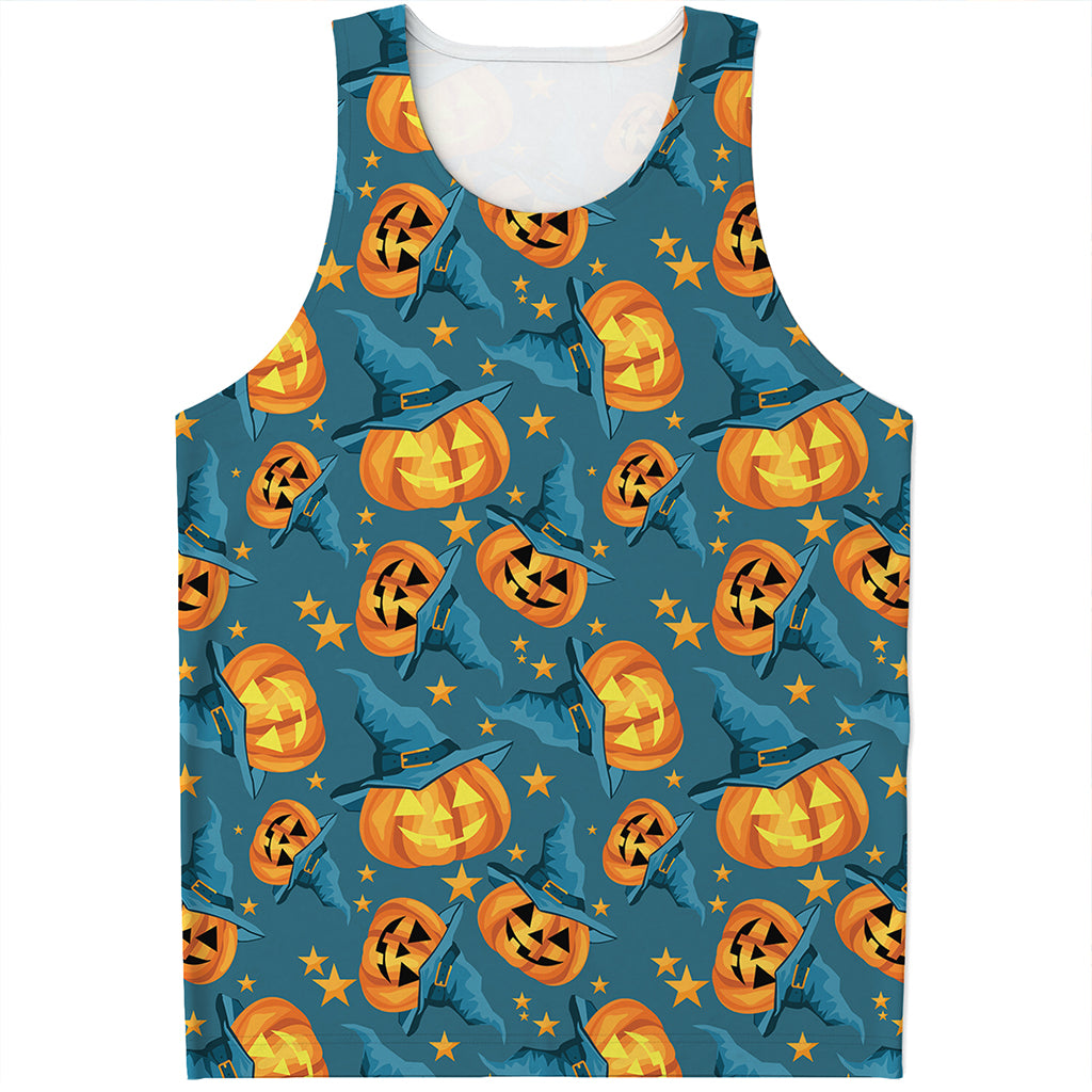 Pumpkin With Witch Hat Pattern Print Men's Tank Top