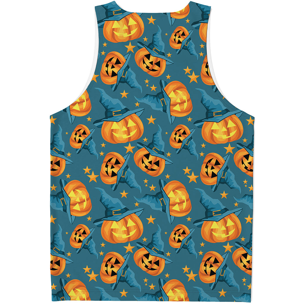 Pumpkin With Witch Hat Pattern Print Men's Tank Top