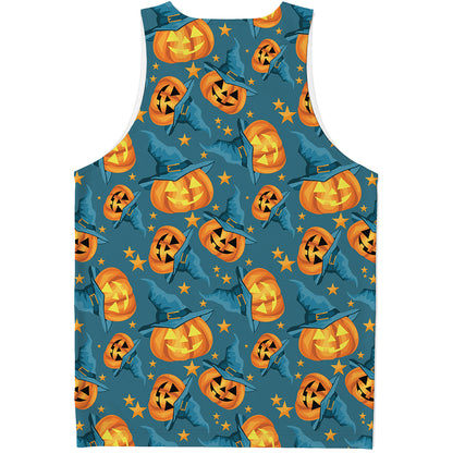 Pumpkin With Witch Hat Pattern Print Men's Tank Top