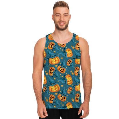 Pumpkin With Witch Hat Pattern Print Men's Tank Top