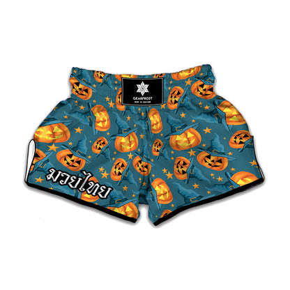 Pumpkin With Witch Hat Pattern Print Muay Thai Boxing Shorts