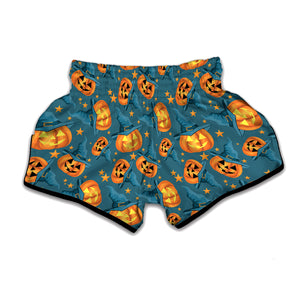 Pumpkin With Witch Hat Pattern Print Muay Thai Boxing Shorts