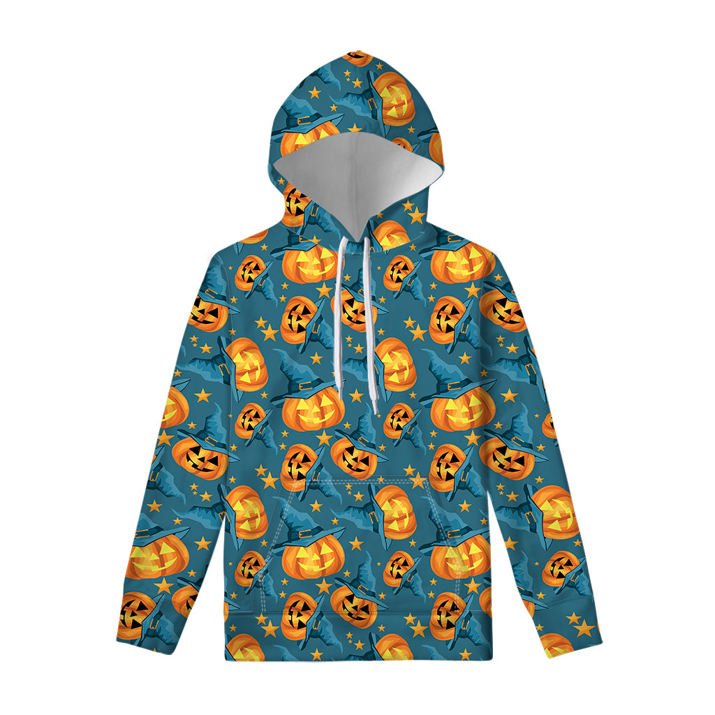 Pumpkin With Witch Hat Pattern Print Pullover Hoodie