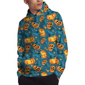 Pumpkin With Witch Hat Pattern Print Pullover Hoodie