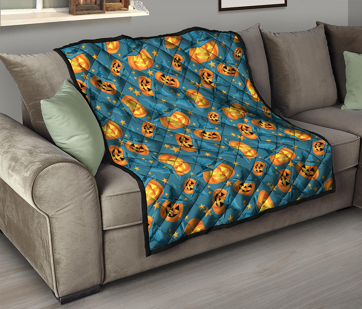 Pumpkin With Witch Hat Pattern Print Quilt
