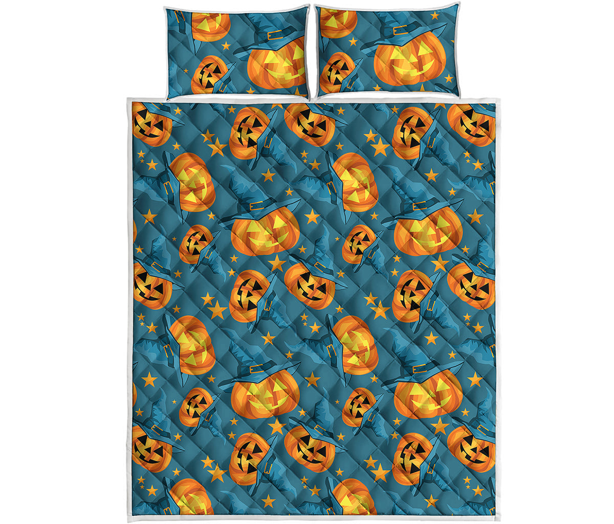 Pumpkin With Witch Hat Pattern Print Quilt Bed Set