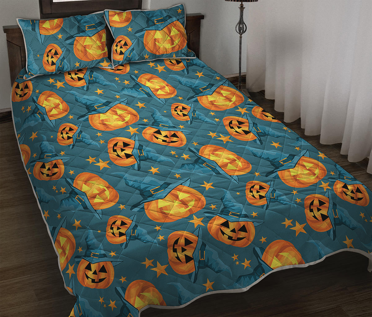 Pumpkin With Witch Hat Pattern Print Quilt Bed Set
