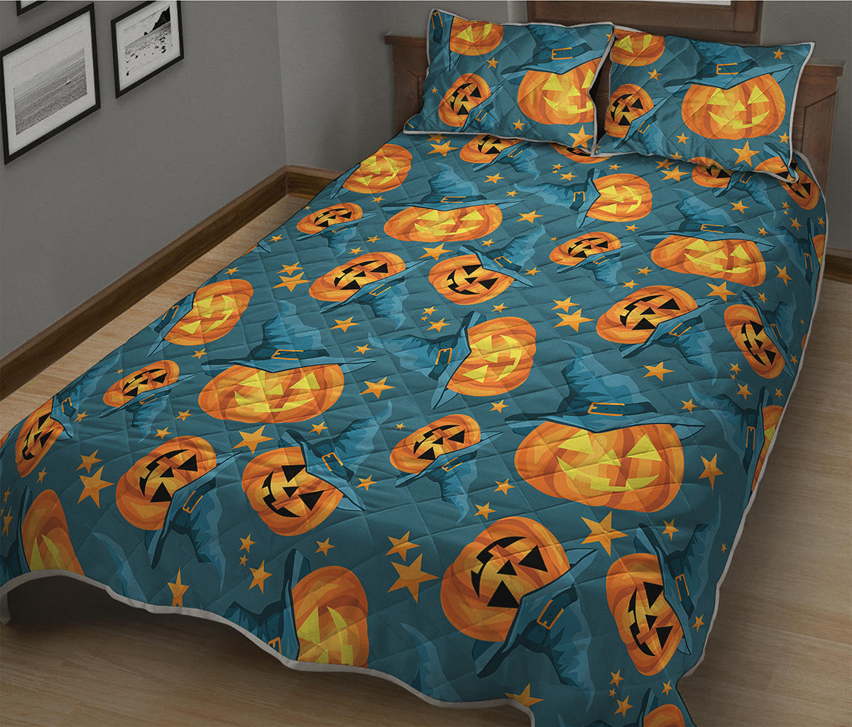 Pumpkin With Witch Hat Pattern Print Quilt Bed Set