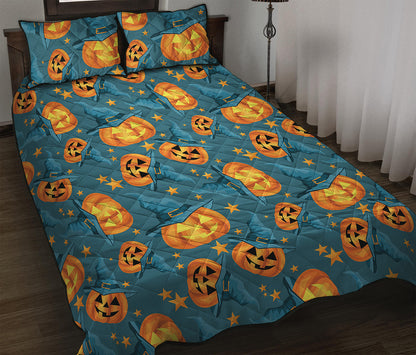Pumpkin With Witch Hat Pattern Print Quilt Bed Set