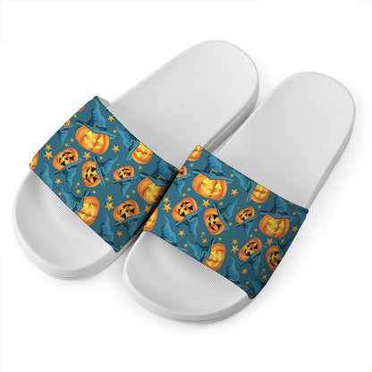 Pumpkin With Witch Hat Pattern Print White Slide Sandals