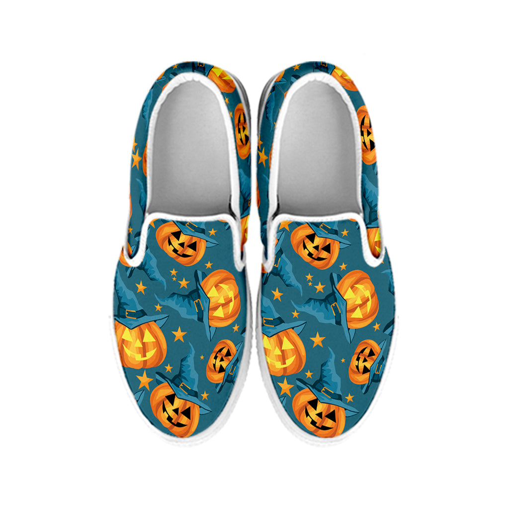 Pumpkin With Witch Hat Pattern Print White Slip On Shoes