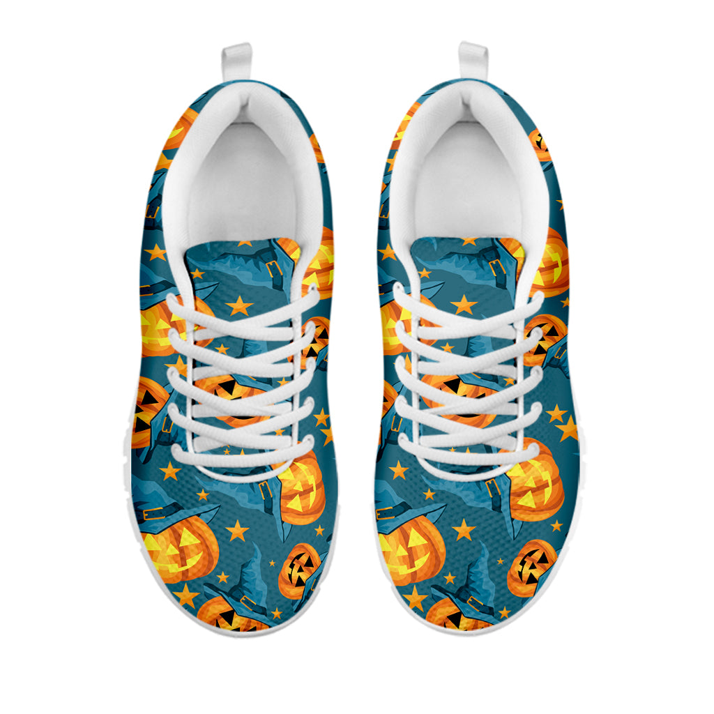 Pumpkin With Witch Hat Pattern Print White Sneakers