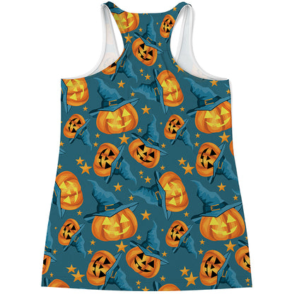 Pumpkin With Witch Hat Pattern Print Women's Racerback Tank Top