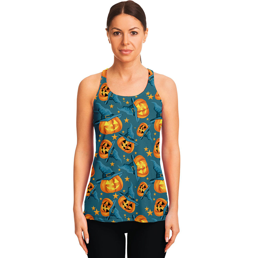 Pumpkin With Witch Hat Pattern Print Women's Racerback Tank Top