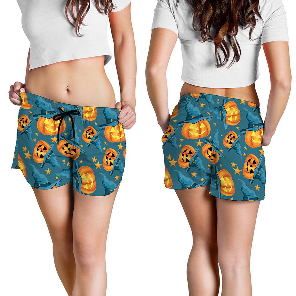 Pumpkin With Witch Hat Pattern Print Women's Shorts