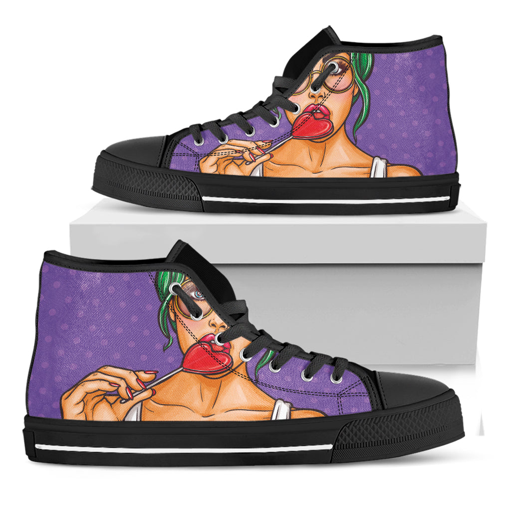 Punk Girl And Lollipop Print Black High Top Shoes