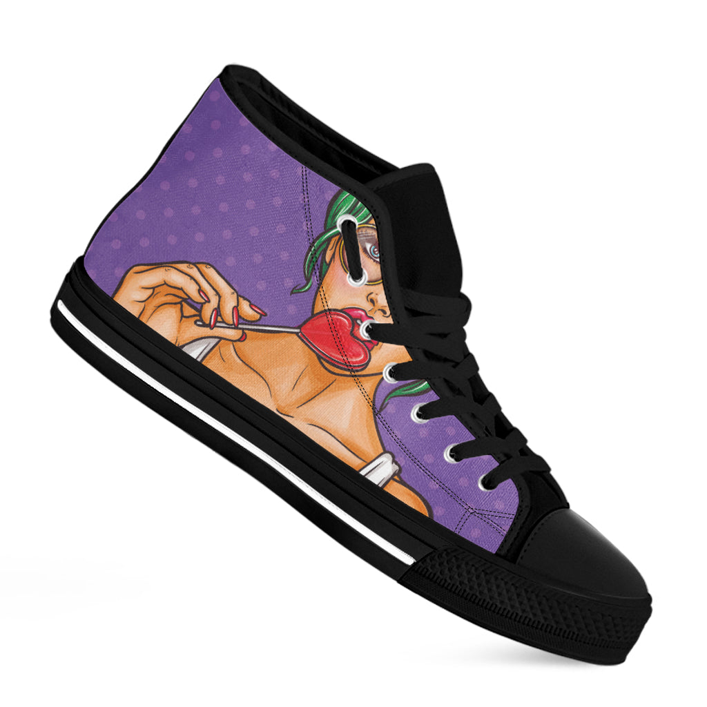 Punk Girl And Lollipop Print Black High Top Shoes
