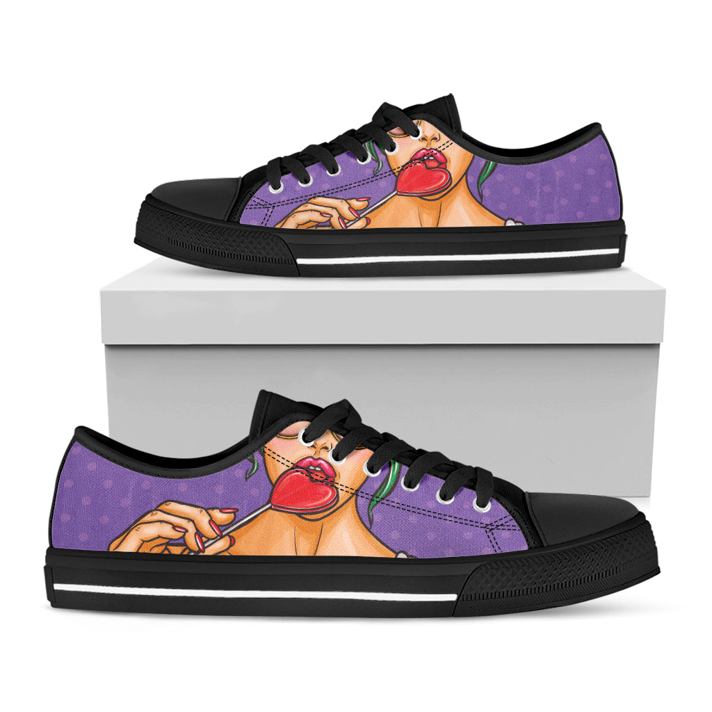 Punk Girl And Lollipop Print Black Low Top Shoes 
