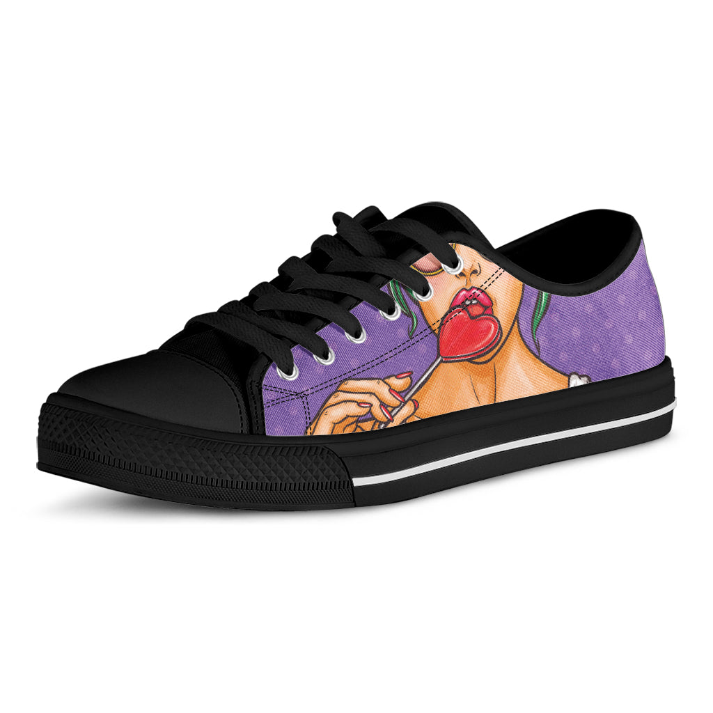 Punk Girl And Lollipop Print Black Low Top Shoes 